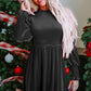 Black Frilled Neck Smocked Bodice Velvet Dress