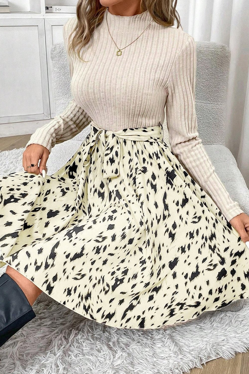 Beige Ribbed Knit Patchwork Printed Belted A-line Dress