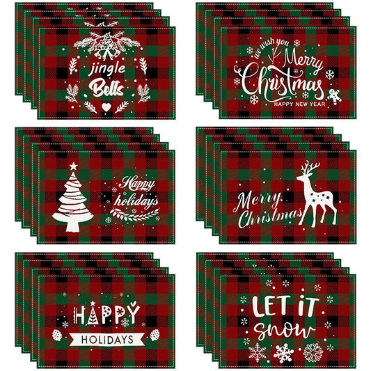 Christmas Tree Elk Printed Meal Mat Christmas Striped Checkered Table Mat White Hemp Western Food Mat