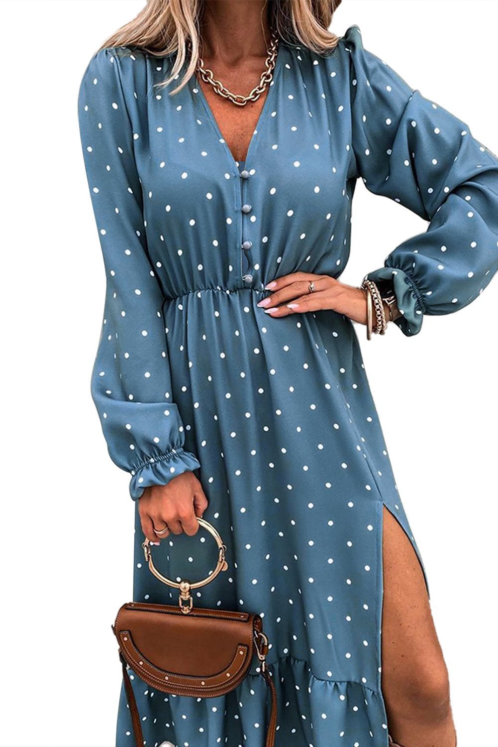 Button Polka Dot High Slit Ruffled Midi Dress