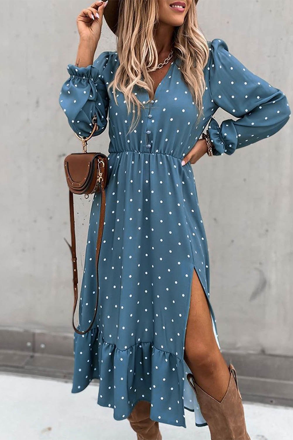 Button Polka Dot High Slit Ruffled Midi Dress