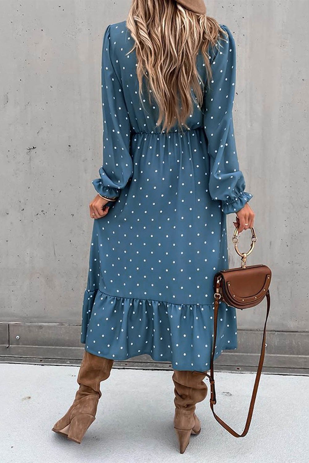 Button Polka Dot High Slit Ruffled Midi Dress