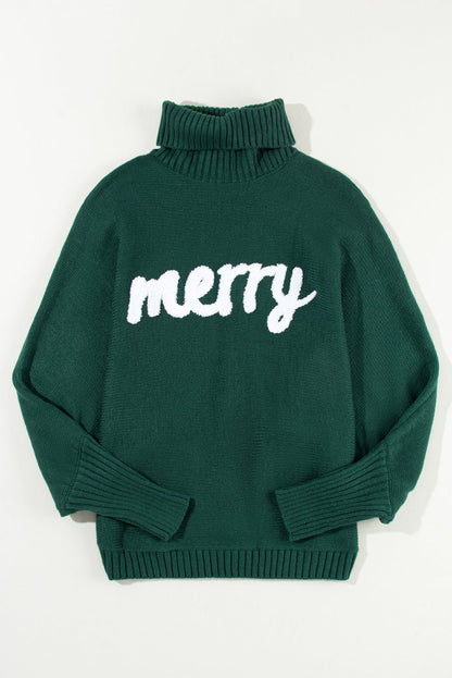 Blackish Green Merry Letter Embroidered High Neck Sweater