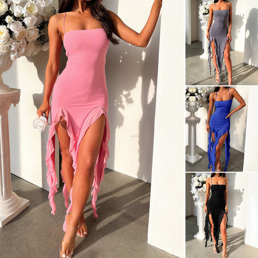 Slim Skirt Suspender Dress with Ruffle Design