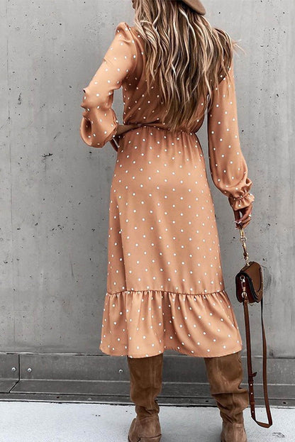 Button Polka Dot High Slit Ruffled Midi Dress