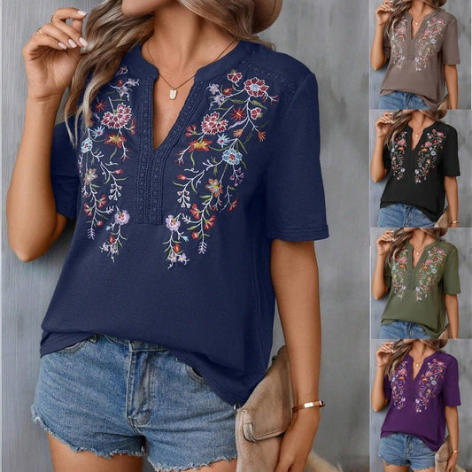 Women's Fashion Flowers Embroidered T-shirt