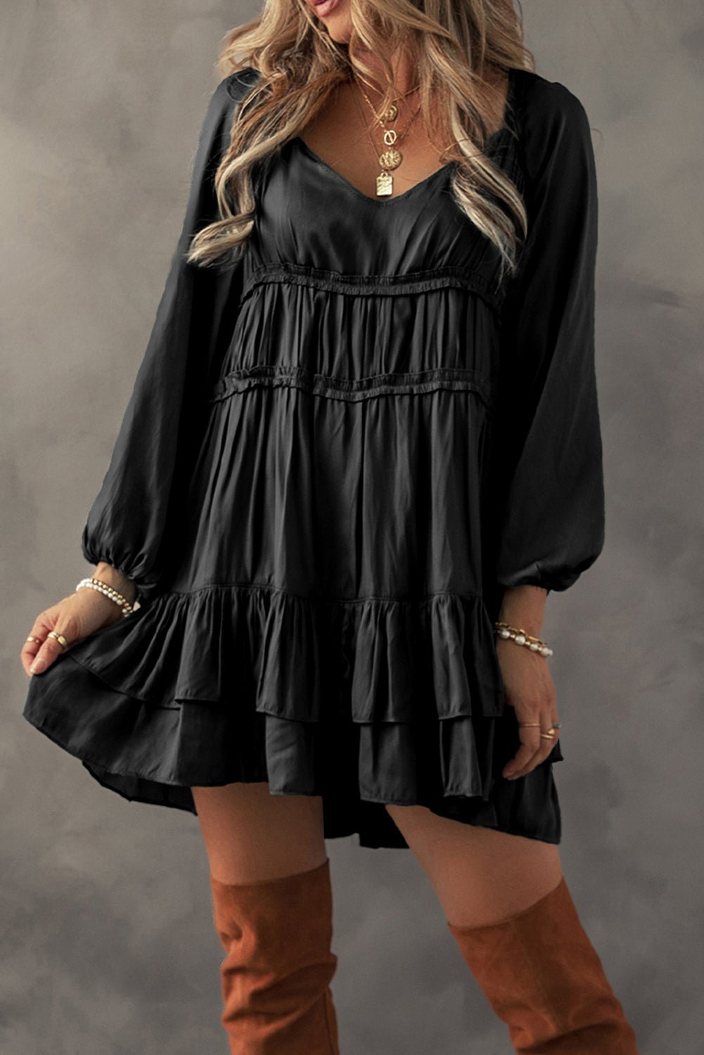 Black Tiered Ruffled Puff Sleeve Loose Fit Mini Dress