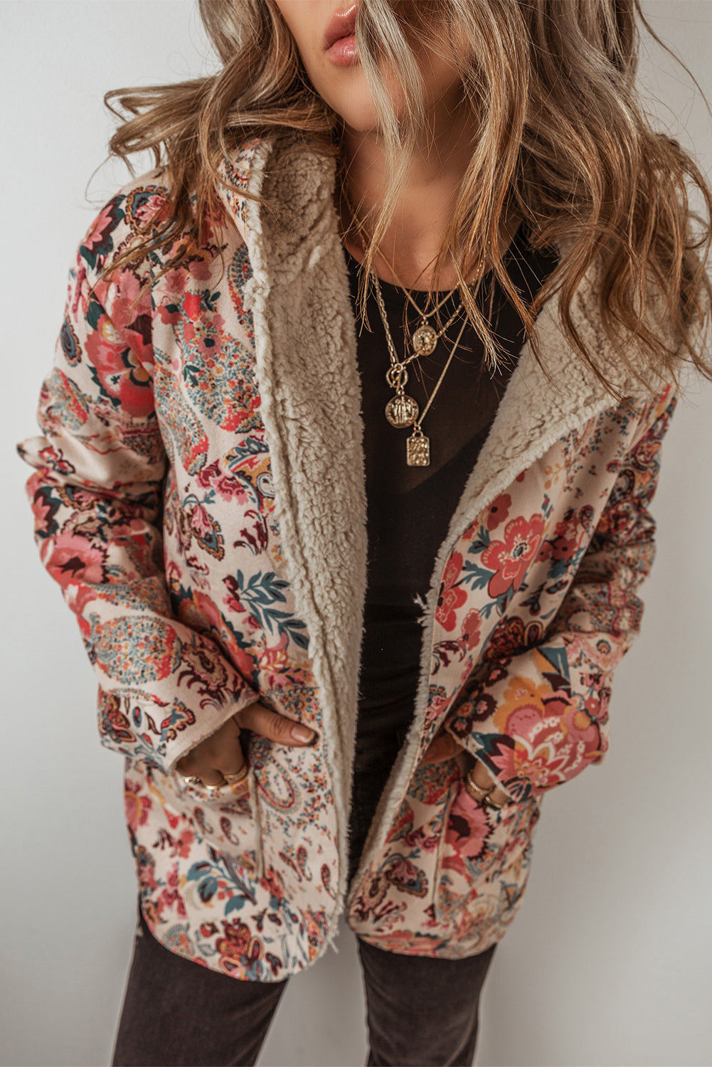 Beige Vintage Paisley Floral Printed Sherpa Lined Hooded Jacket