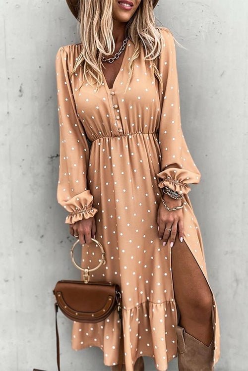 Button Polka Dot High Slit Ruffled Midi Dress