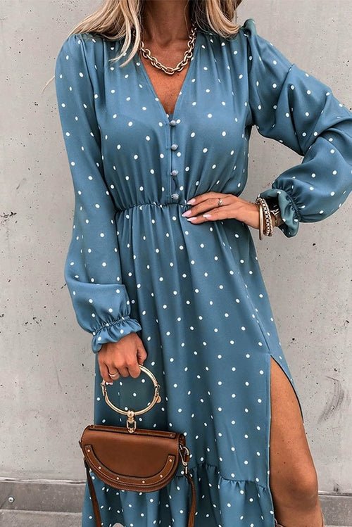 Button Polka Dot High Slit Ruffled Midi Dress