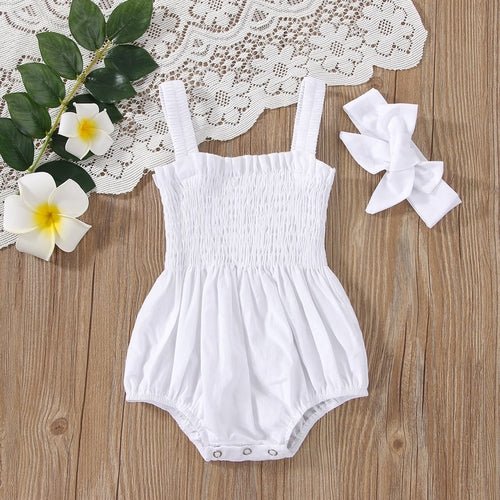 Baby Girls Solid Color Sleeveless Summer Shirred Bodysuit Onesies &